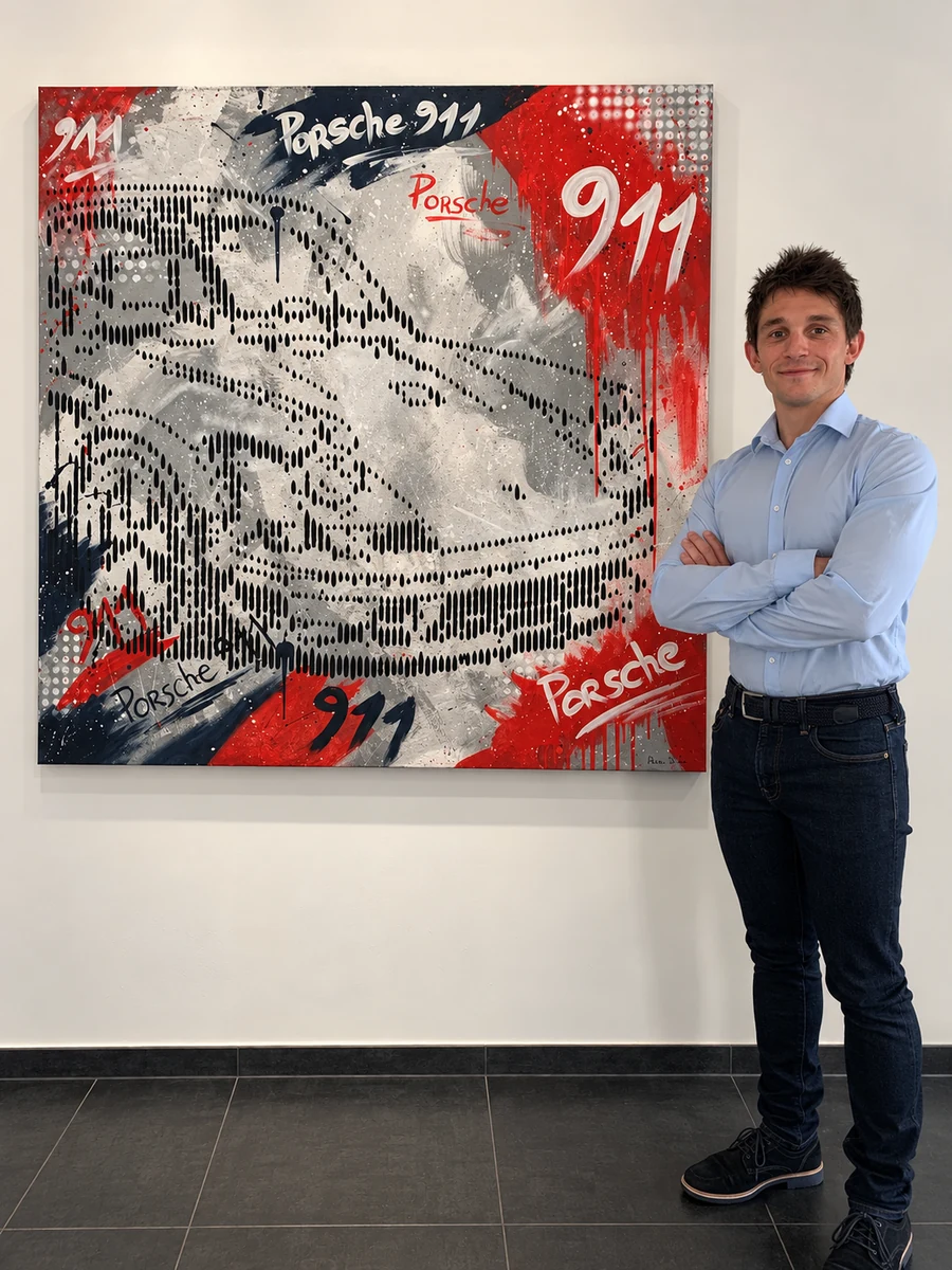 Adrien Di Fazio devant une œuvre Porsche 911 Gravity Flow